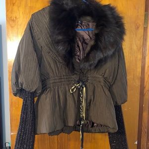 Brown and gold faux fur removable collar jacket.